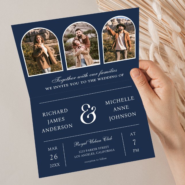 Navy Blue Minimal Arch Photo QR code Wedding Invitation (Creator Uploaded)
