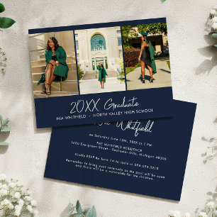 Navy Blue Minimal Photo Collage Graduation Party Invitation