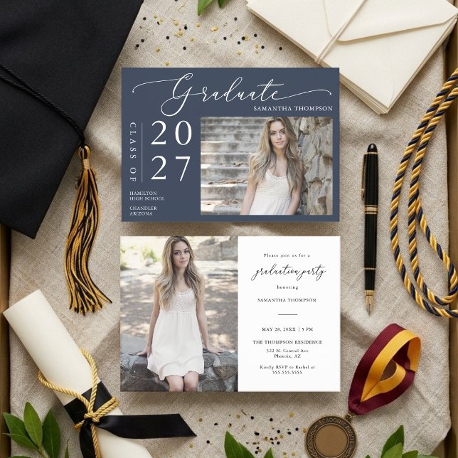 Navy Blue Minimal Script School Graduation Photo Invitation (Creator Uploaded)