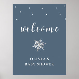 Navy Blue Minimal Snowflake Baby Shower Welcome Poster