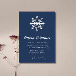 Navy Blue Minimal Snowflake Calligraphy Wedding Invitation