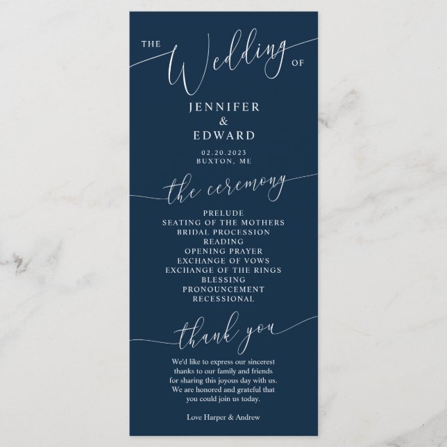 Navy Blue Minimal Wedding Ceremony Program (Front)