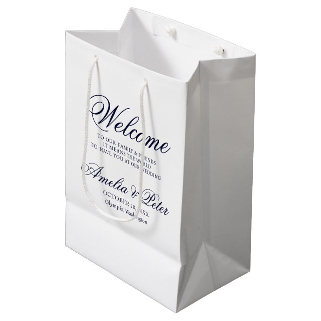 Navy Blue Minimal Wedding Welcome Medium Gift Bag (Front Angled)