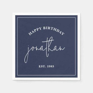 Navy Blue Minimalist Birthday Custom Name Napkins