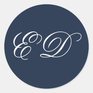 Navy Blue Minimalist Classic Calligraphy Monogram Round Sticker
