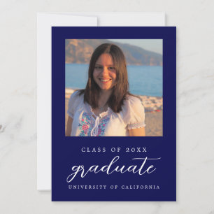 Navy Blue Minimalist Classy 1 Photo Graduation Invitation