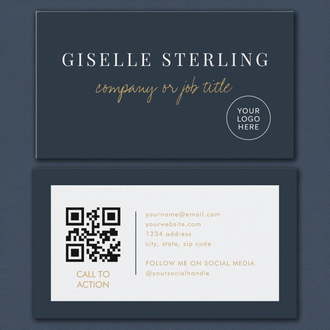 Navy Blue Minimalist Company Logo QR Code Business Card (Creator Uploaded)