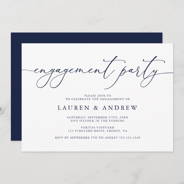 Navy Blue Minimalist Engagement Party Invitation (Front/Back)