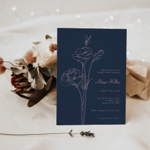 Navy Blue Minimalist Line Floral Bridal Shower Invitation