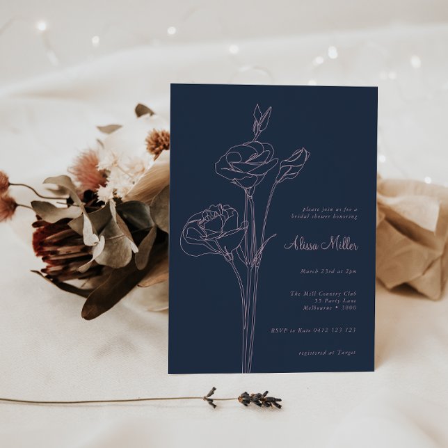 Navy Blue Minimalist Line Floral Bridal Shower Invitation (Creator Uploaded)