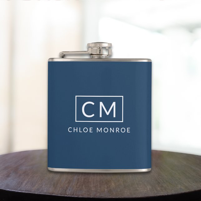 Navy Blue Minimalist Modern Monogram Name Hip Flask (Creator Uploaded)