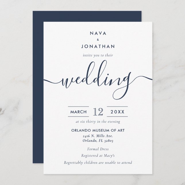 Navy Blue Minimalist Modern Script Wedding Invitation (Front/Back)
