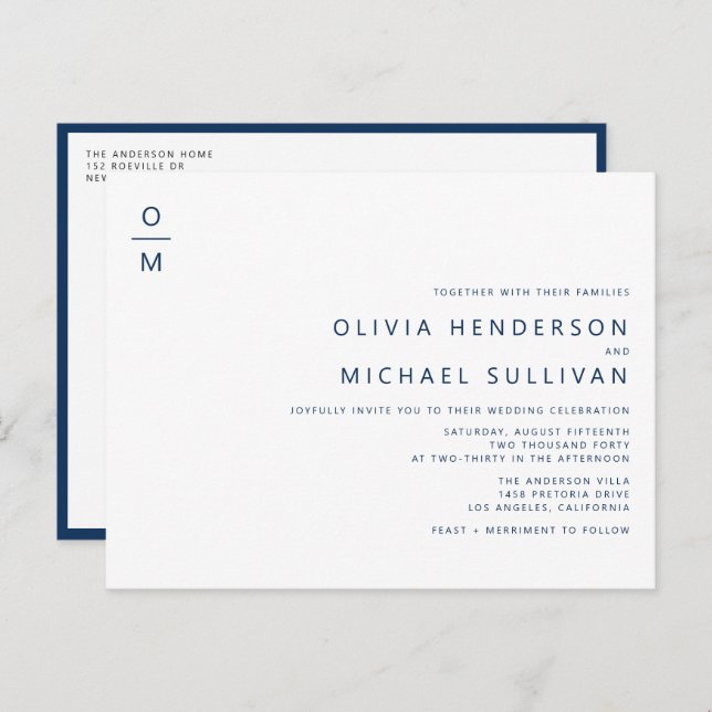 Navy Blue Minimalist Monogram QR Code Wedding Invitation Postcard (Front/Back)