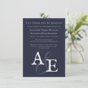 Navy Blue Minimalist Monogram Rehearsal Dinner Invitation