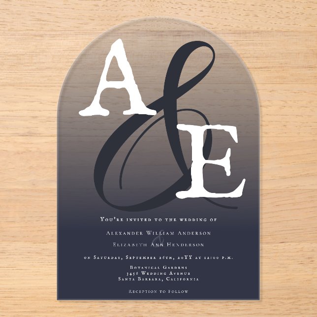 Navy Blue Minimalist Monogram Wedding Acrylic Invitations (Front)