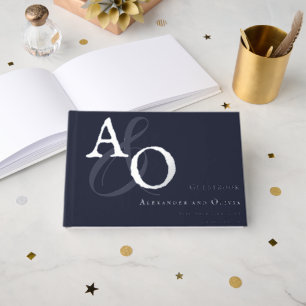 Navy Blue Minimalist Monogram Wedding Guest Book