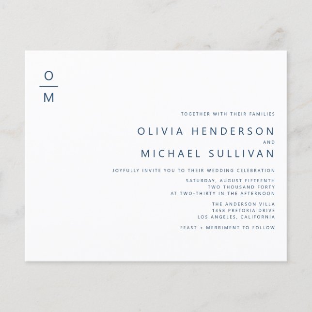 Navy Blue Minimalist Monogram Wedding Invitation (Front)