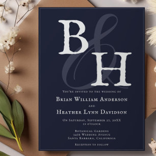 Navy Blue Minimalist Monogram Wedding Invitation