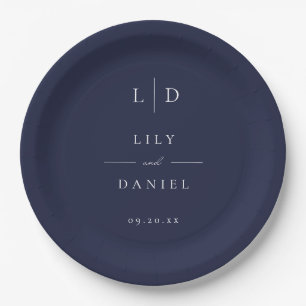 Navy Blue Minimalist Monogram Wedding Paper Plate