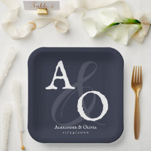 Navy Blue Minimalist Monogram Wedding Paper Plate
