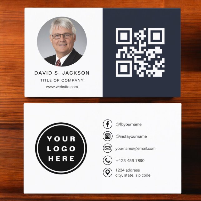 Navy Blue Minimalist Photo QR Code Social Media Business Card (Creator Uploaded)