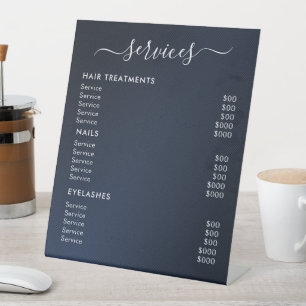 Navy Blue Minimalist Salon Services Price List Pedestal Sign