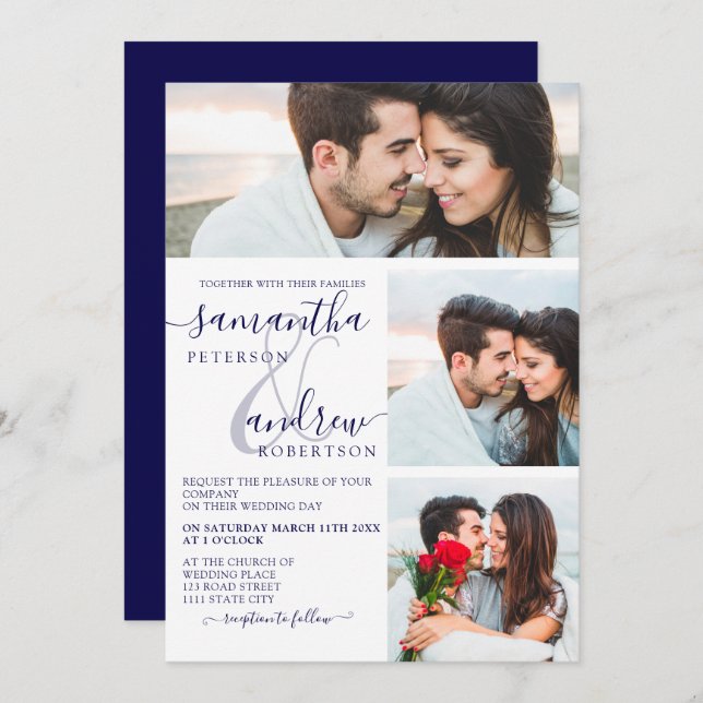 Navy blue minimalist script 3 photos wedding invitation (Front/Back)