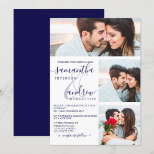 Navy blue minimalist script 3 photos wedding invitation