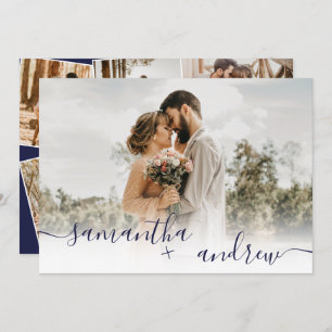 Navy blue minimalist script 5 photos wedding invitation