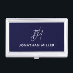 Navy Blue Minimalist Script Monogram Business Card Holder<br><div class="desc">Keep your business cards organised and protected in this modern and minimalist business card case featuring a script monogram design. The sleek and stylish design is perfect for any professional setting.</div>