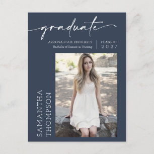 Navy Blue Minimalist Script Two Photo Graduation Postcard