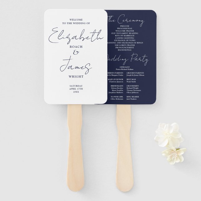 Navy Blue Minimalist Script Wedding Program Hand Fan (Front and Back)