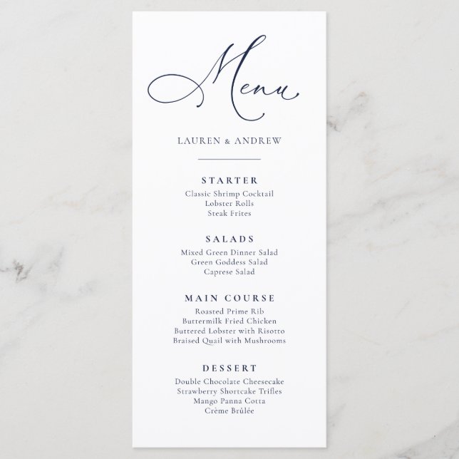 Navy Blue Minimalist Simple Flat Menu (Front)