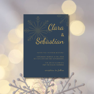 Navy Blue Minimalist Snowflake Christmas Wedding Invitation