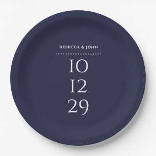 Navy Blue Minimalist Special Date Wedding Paper Plate
