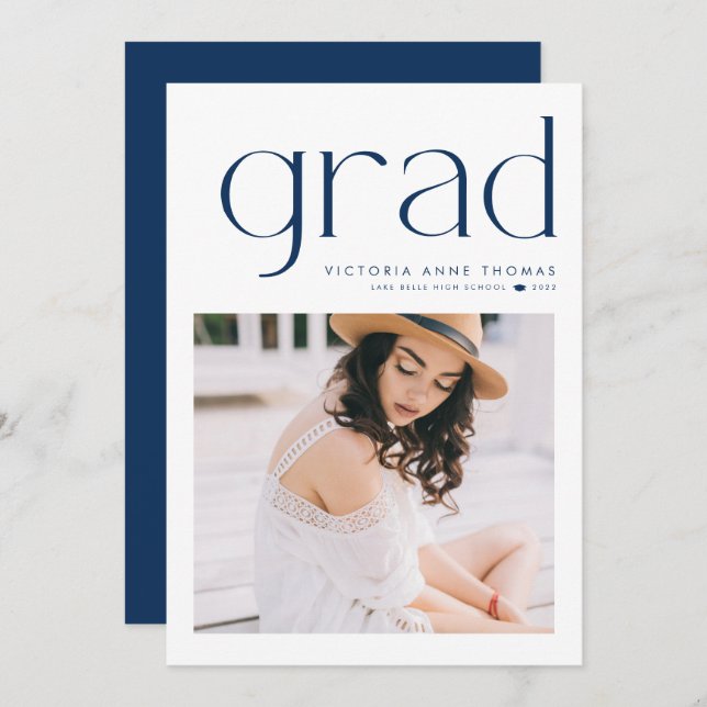 Navy Blue Minimalist Typography Photo Graduation Announcement (Front/Back)