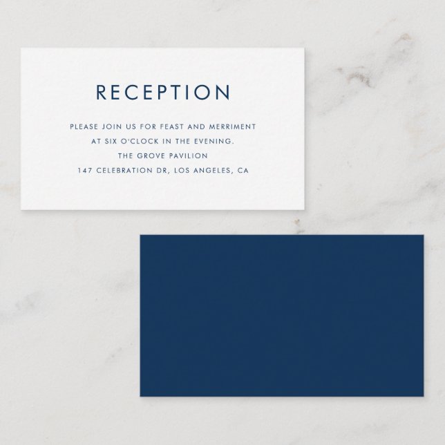 Navy Blue Minimalist Typography Wedding Reception Enclosure Card (Front/Back)