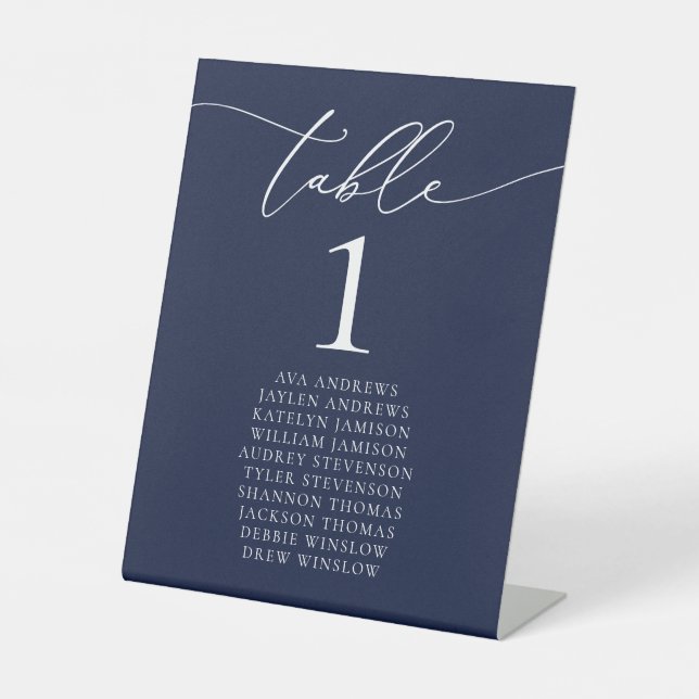 Navy Blue Minimalist Wedding Table Number  Pedestal Sign (Front)