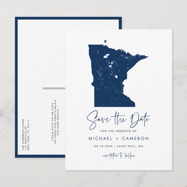 Navy Blue Minnesota Map QR Code Save the Date Announcement Postcard (Front/Back)