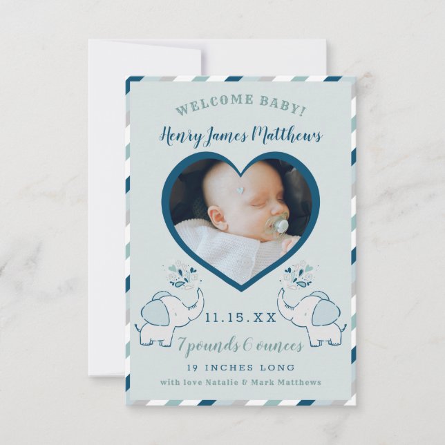 Navy Blue & Mint Elephant Baby Boy Photo Birth Announcement (Front)