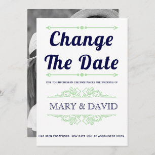 Navy blue, mint green Change the Date announcement