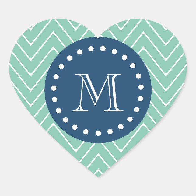 Navy Blue, Mint Green Chevron Pattern | Your Monog Heart Sticker (Front)