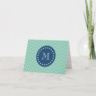 Navy Blue, Mint Green Chevron Pattern   Your Monog Note Card