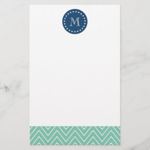 Navy Blue, Mint Green Chevron Pattern Your Monog Stationery
