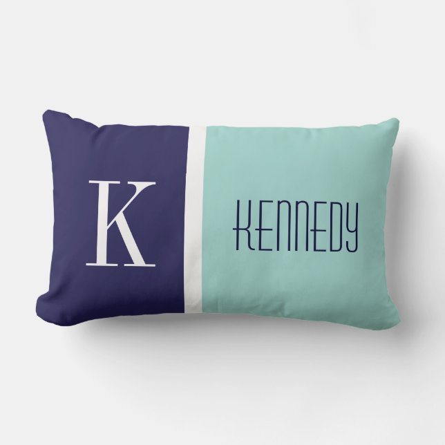 Navy Blue Mint Green Colour Block Stripe Monogram Lumbar Cushion (Front)