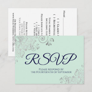 Navy Blue & Mint Green Elegant Silver Lace Wedding RSVP Card