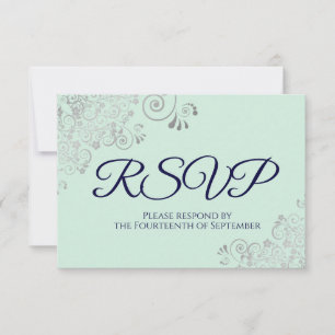 Navy Blue & Mint Green Elegant Silver Lace Wedding RSVP Card