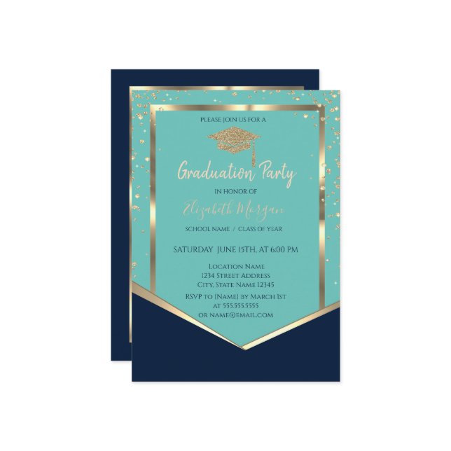 Navy Blue Mint Green Gold Diamonds Graduation Invitation (Front/Back In Situ)