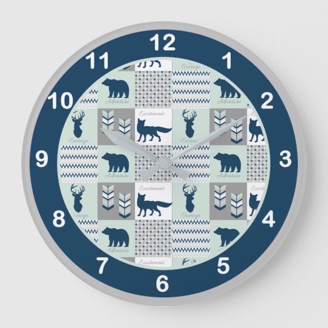 Navy Blue, Mint Green Woodland Animals Large Clock (Front)