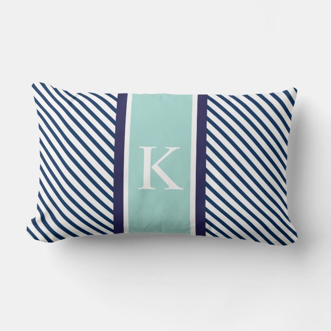 Navy Blue Mint Stripes & Monogram Lumbar Cushion (Front)